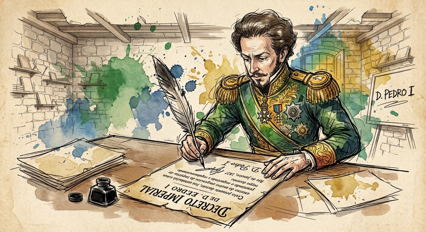 Representação de D. Pedro I assinando assinando decreto imperial - imagem gerada com suporte de IA