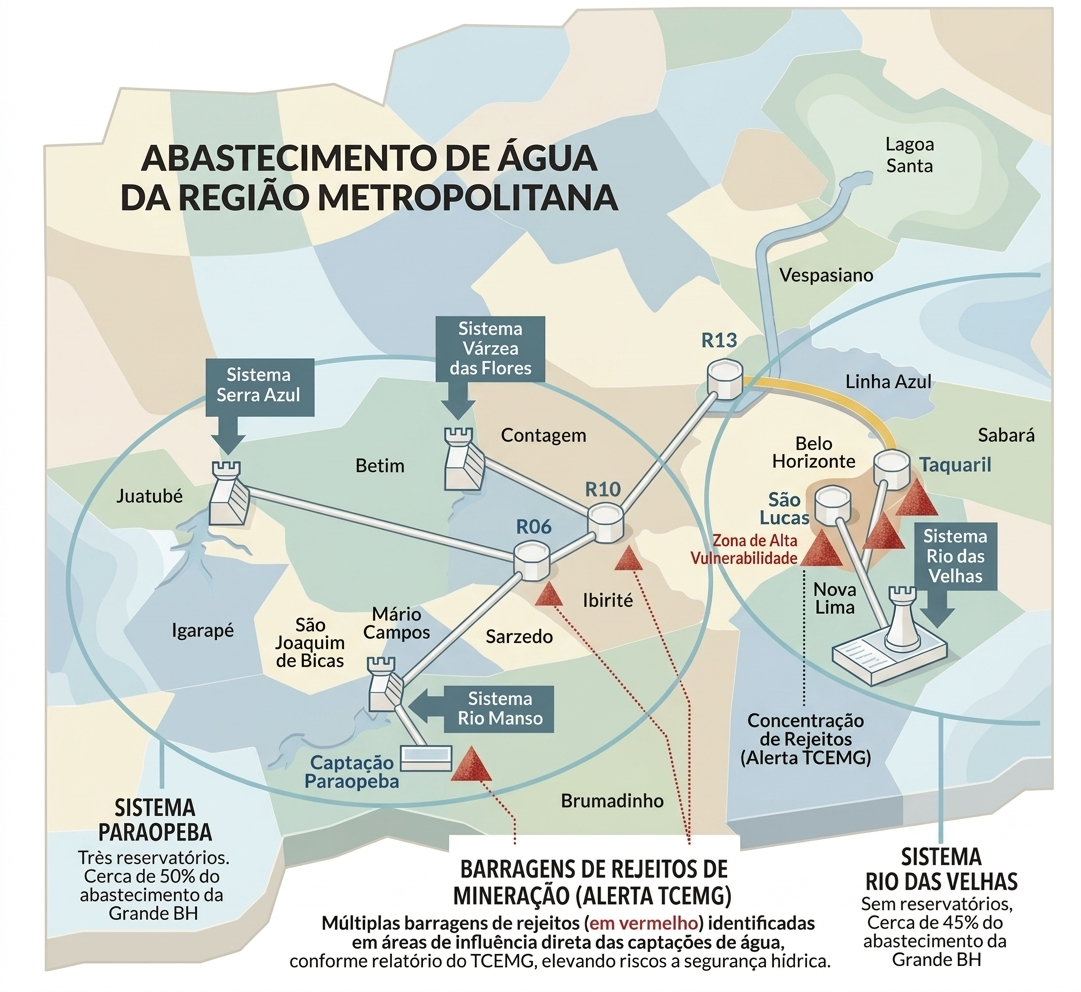 Imagem mostra proximidade entre sistemas de tratamento de água e barragens de rejeitos de minério. Imagem: gerada a partir de ferramenta de IA