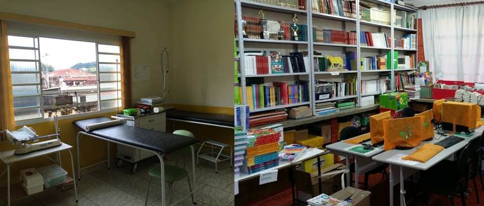O maior índice de correlação entre a resposta apresentada pelos prefeitos e a verificação pela inspeção técnica aconteceu na pergunta sobre a entrega do kit escolar. Em 92% do total de municípios, a resposta inicial dada pelos prefeitos foi confirmada. Na foto, sala de atendimento de posto de saúde em Inconfidentes e biblioteca de Piranguçu. 